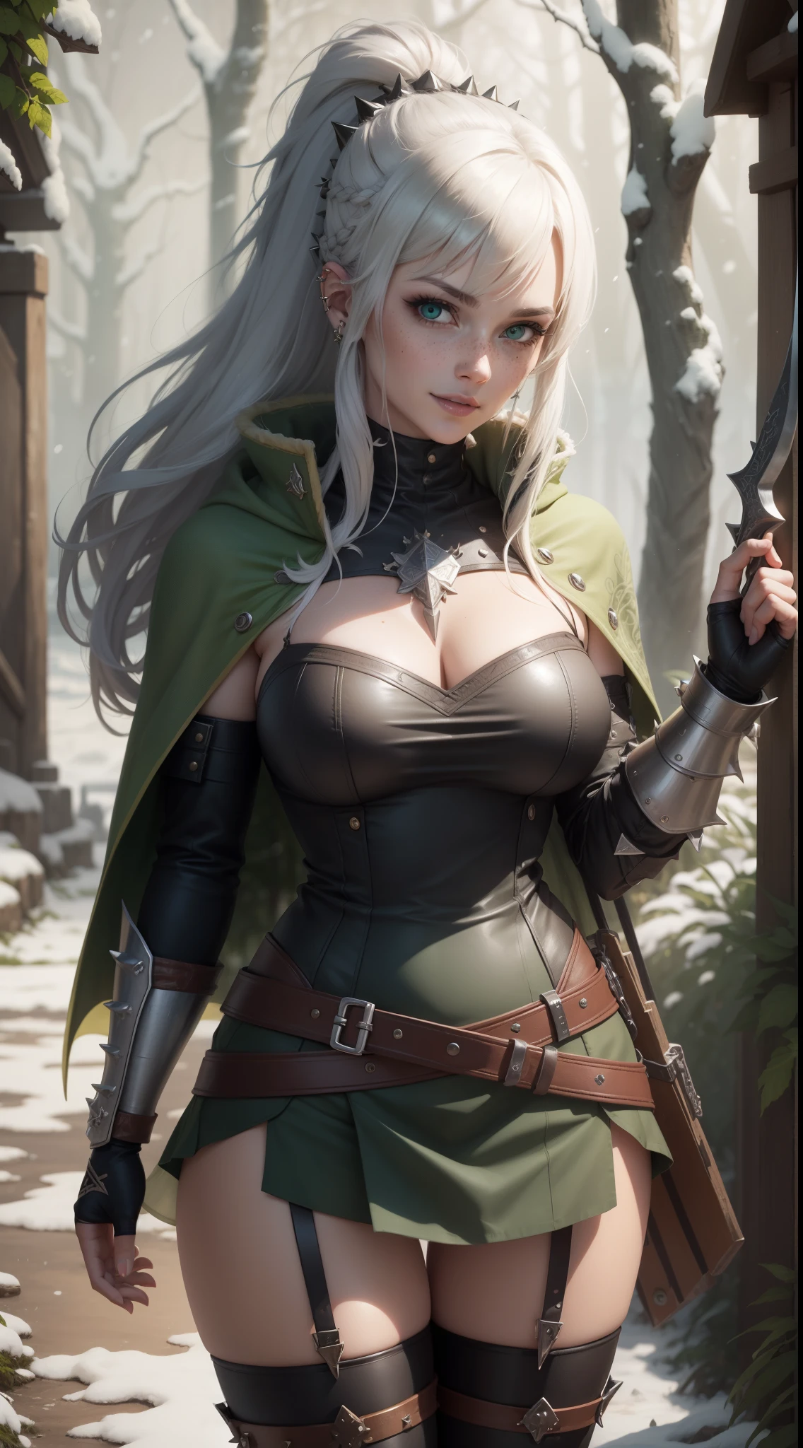 gwen tennyson,yorha 2b,mordred,samus aran,warcraft,atelier ryza,close up,winter forest,viking village,rune tattoos,fur and royal green plugsuit,winter viking linen shirt,royal green viking cape,spiked armor,viking linen pants,short viking hair,viking war makeup,green eyes,multicolored silver hair, spiked gloves,sexy smile,freckles,beautiful girl,knee high spiked boots,large breasts,8k,ultra detailed,realistic,fantasy art,fur viking armor,hair pin,ear piercings,(weather:windy),1girl,long viking battle axe,stone neck and belt jewelry,
