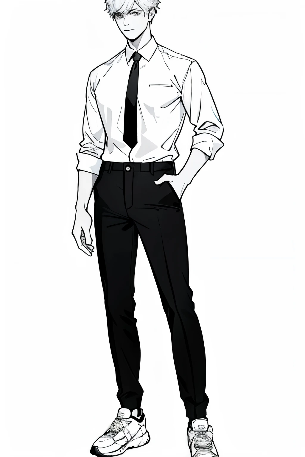((1boy)),lineart, monochrome,((masterpiece)), ((best quality)),((8K wallpaper)),((highly detailed)),,realistic,studio lighting, realistic,studio lighting, ultra bright white lighting,((front lighting)),simple background,white background,high resolution,professional photography,ultra high details,32K,ultra bright white lighting,((front lighting)),simple background,white background,high resolution,professional photography,ultra high details,32K, full body, handsome man, white shirt, white hair, black and white, black pants, white shoes, white sneakers, full silhouette, all body visible, handsome young man, 18 years old, detailed face, detailed clothes, ultra detailed, school uniform, messy hair, cool haircut