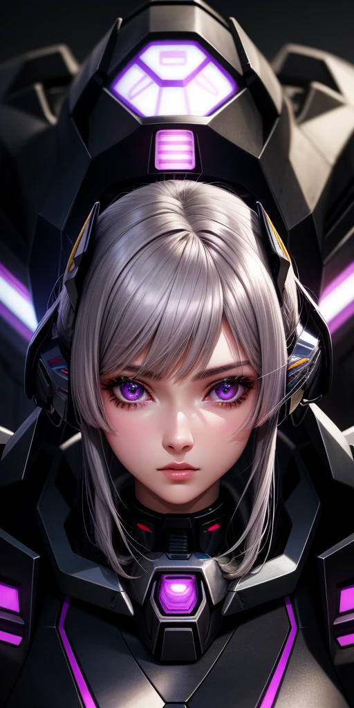 Realistic, girl one, gray hair, purple eyes, shining eyes, mecha suit, gundam, metallic, intricate details, detailed neon, parted lips,