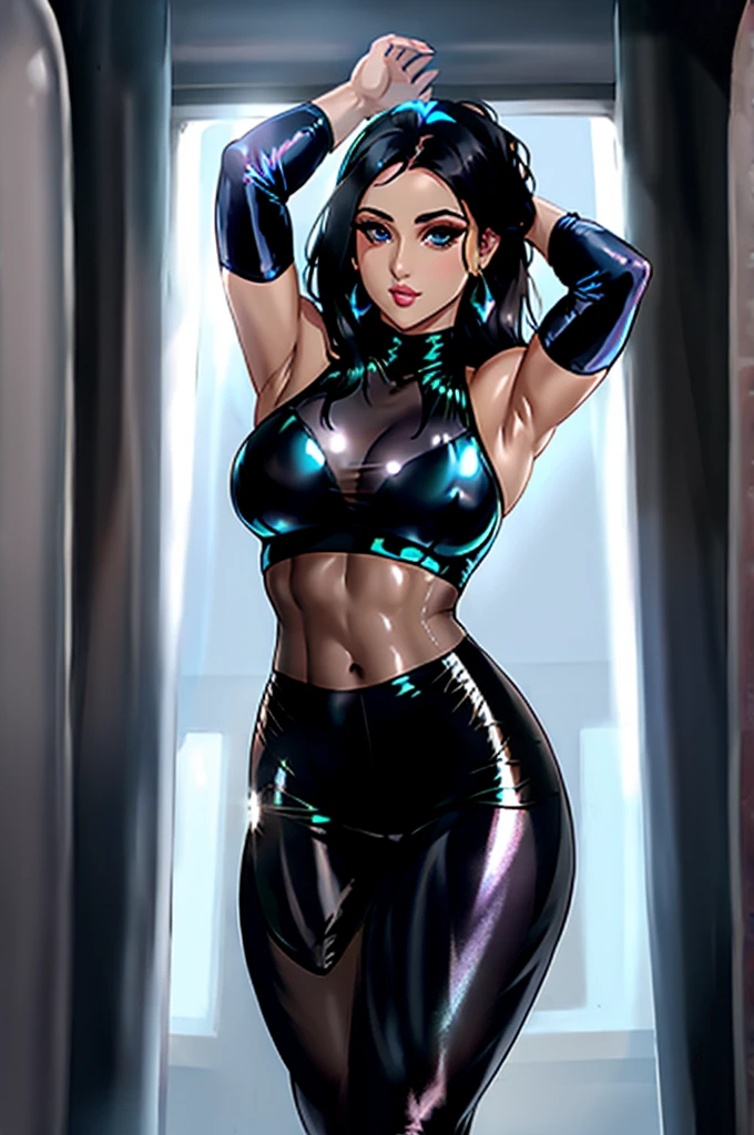 (tight sheer iridescent dress) AND (tight translucent black pants), indian ifbb bimbo