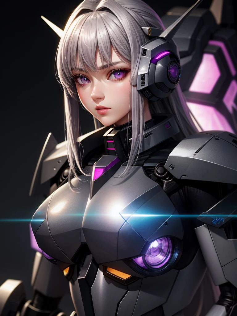 Realistic, girl one, gray hair, purple eyes, shining eyes, mecha suit, gundam, metallic, intricate details, detailed neon, parted lips,