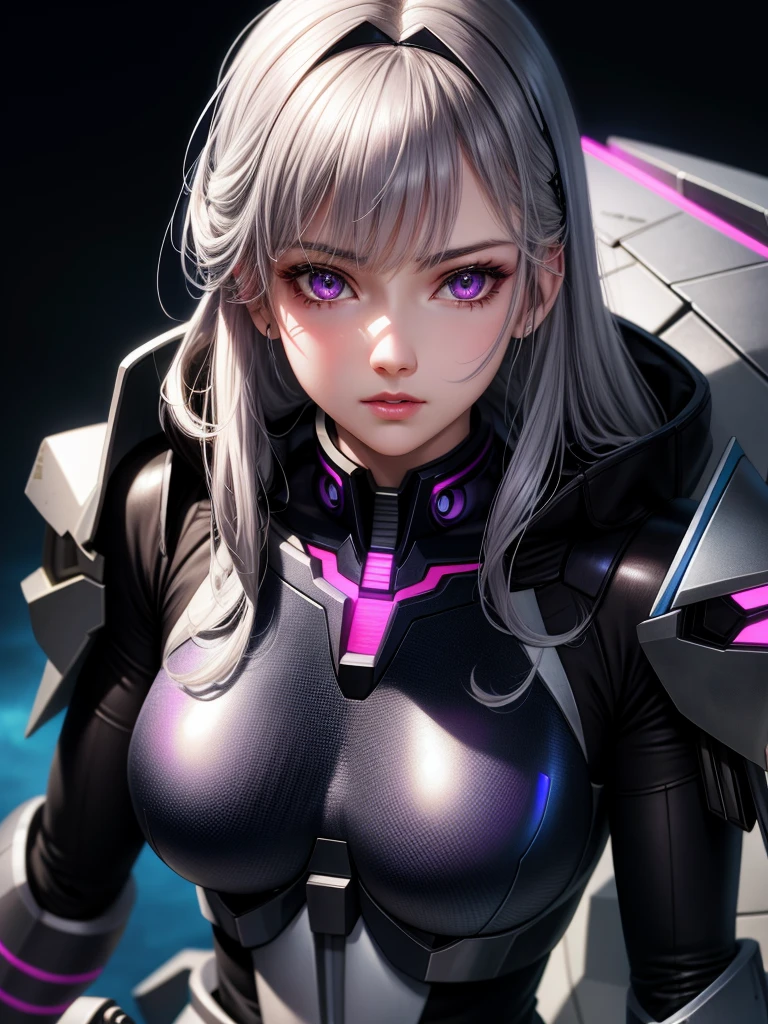Realistic, girl one, gray hair, purple eyes, shining eyes, mecha suit, gundam, metallic, intricate details, detailed neon, parted lips,