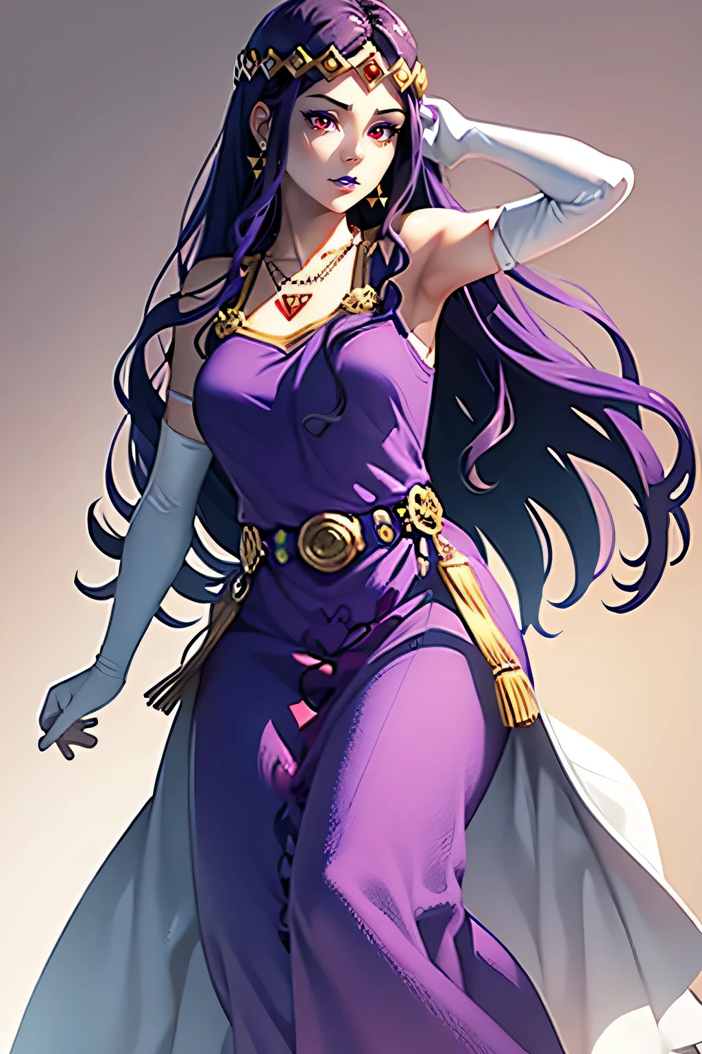 hilda ,purple hair ,purple lips, tiara, red eyes, pruple dress, jewellery, necklace, long white elbow gloves, full body