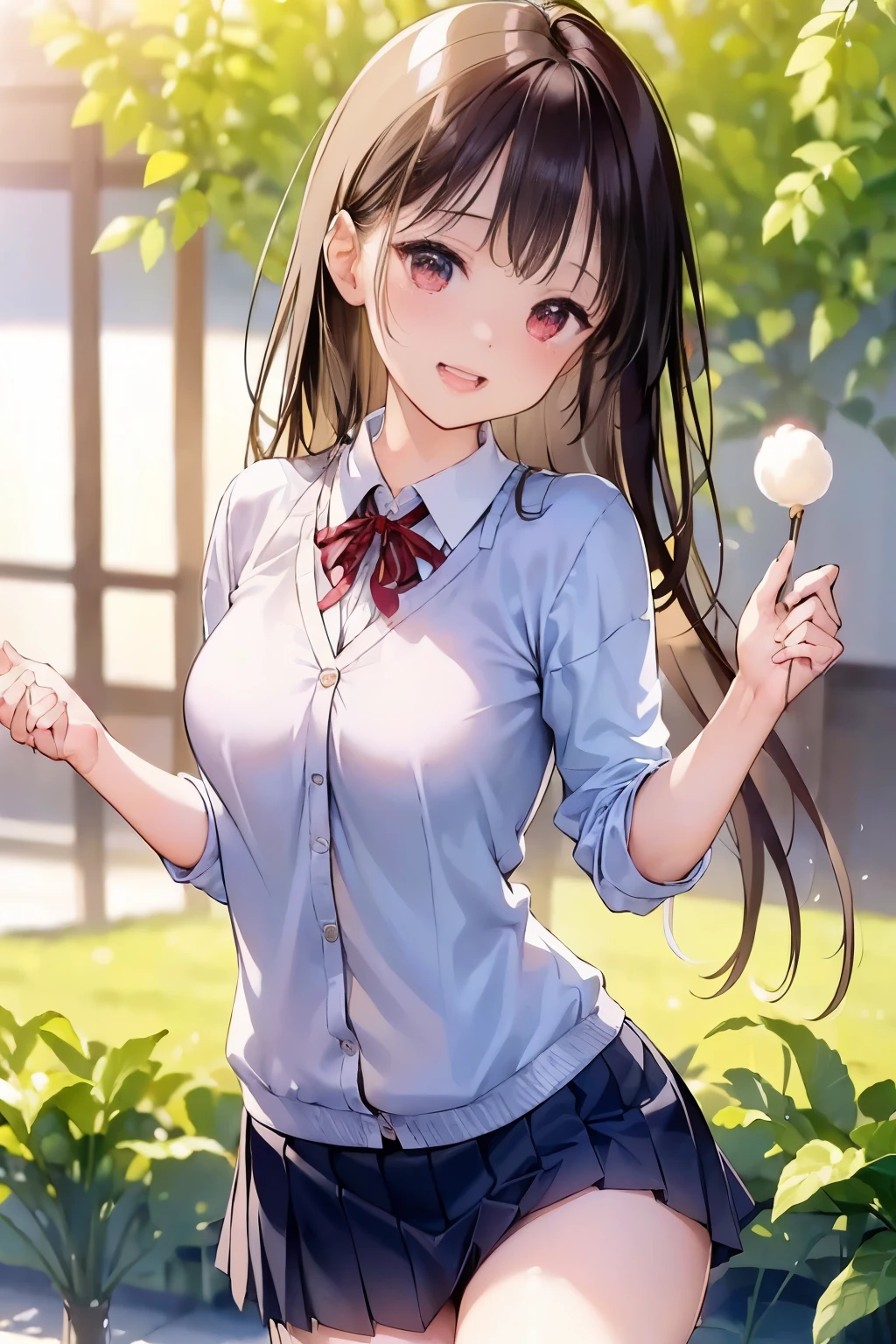 (((masterpiece)))，full body photo，(one beautiful japanese girl, innocence，cute，posterior view，look back) ，ultra high resolution, realistic, Super detailed, 8K,highest quality, very detailed, blurred background,slender body shape，small breasts，(detailed face:1.3), (Beautiful long hair fluttering in the strong wind), (baby face，cute系,Full of energy女の子), (perfect body:1.1),  ((Pink Blazer，white shirt，Red Neck Ribbon，Gray pleated kirt fluttering in the wind))，Full of energy，best smile，Pose with movement，rosy cheeks，超detailed face、detailed lips、small gravure idol，Japanese high school uniform with school emblem on the chest，transparent skin、lolita，realistic:1.37，no makeup，happy atmosphere，pastel color palette，in a sunny day，large park，happy holidays，date，happy，I feel excited