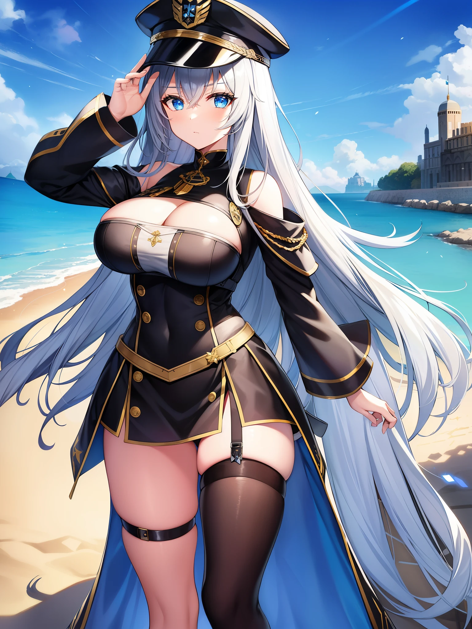 HD、High resolution、anime、wife、Black close-up of a woman in uniform with a hat、girl on the front line、Huge、azur runway style、fine details、blue eyesのgirl on the front line、Front view of front style girl、gray hairの神、azur lane characters、big breasts、From the Azur Lane video game、frontline girls、Inspired by Leigh Chevalier、gray hair、long hair、frontline girls、Black costume、universe girls frontline、arknights、blue eyes、black military hat、palace background、Blue Palace、blue sun background、bluish sun、fantastic scenery。