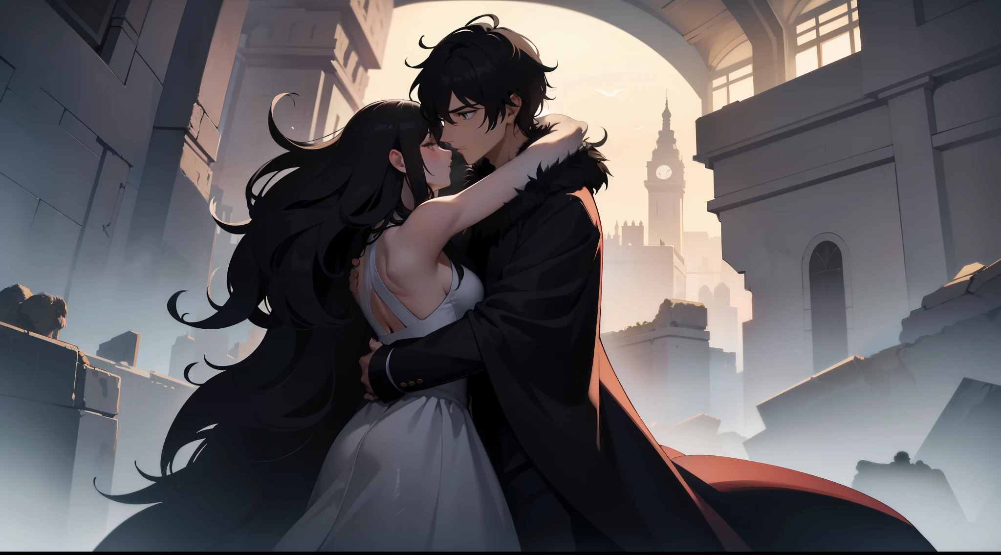 A male and a female in a long fur coat face away from the picture，Walk through vast ruins，Under the stars，In the dark，black hair, hugging. 