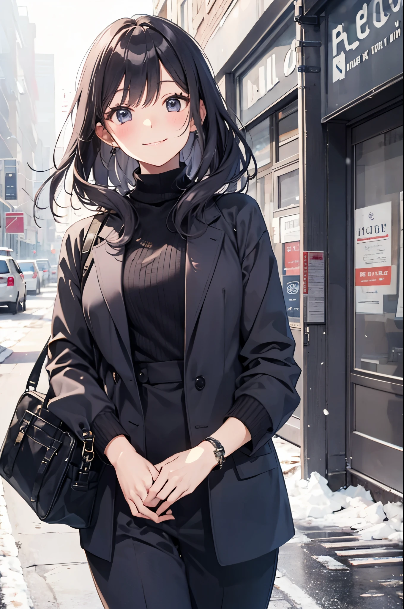 (Pretty sister:1.3)、happy face,winter atmosphere、suit figure、In town、noon