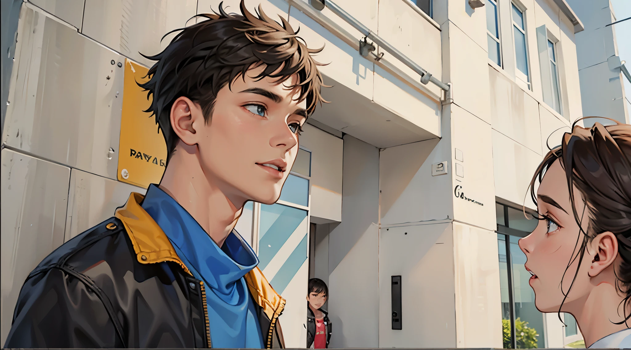 There are two young people facing each other. They are 15 years old. They are serious. They say a few words.