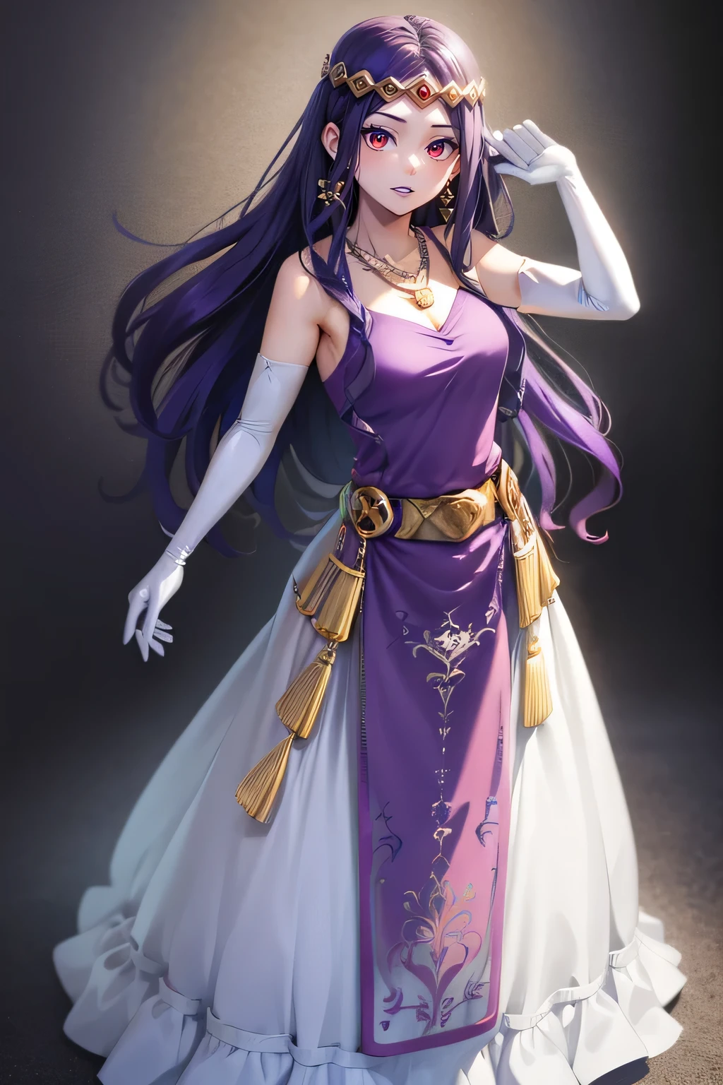 hilda ,purple hair ,purple lips, tiara, red eyes, pruple dress, jewellery, necklace, long white elbow gloves, full body