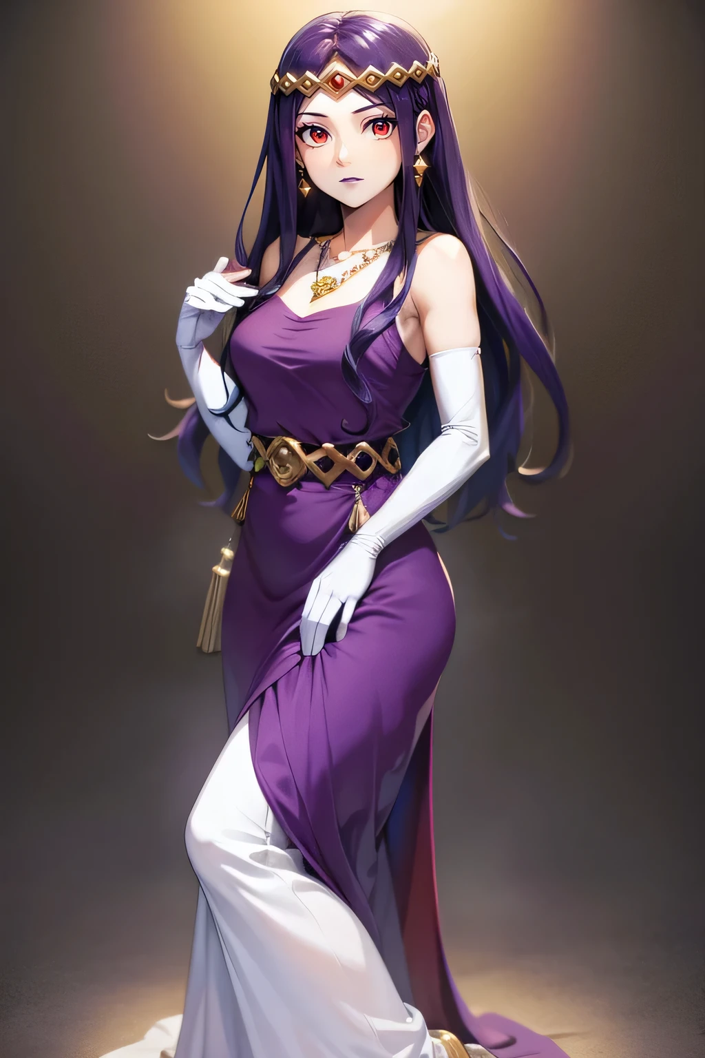 hilda ,purple hair ,purple lips, tiara, red eyes, pruple dress, jewellery, necklace, long white elbow gloves, full body
