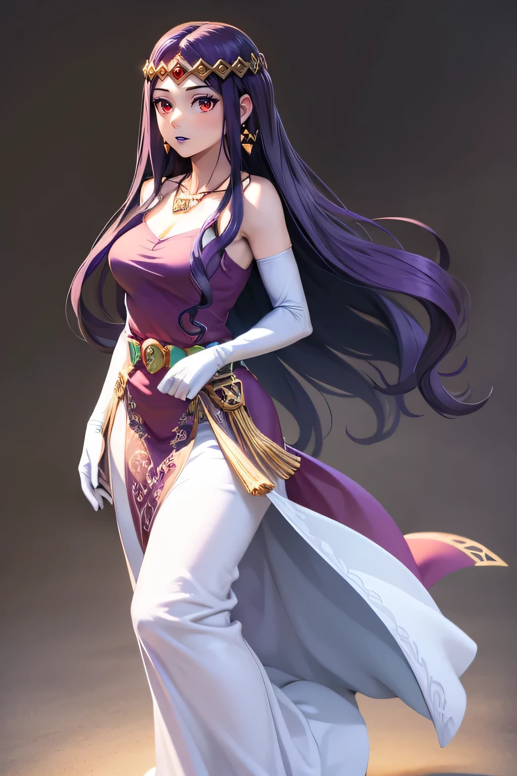 hilda ,purple hair ,purple lips, tiara, red eyes, pruple dress, jewellery, necklace, long white elbow gloves, full body