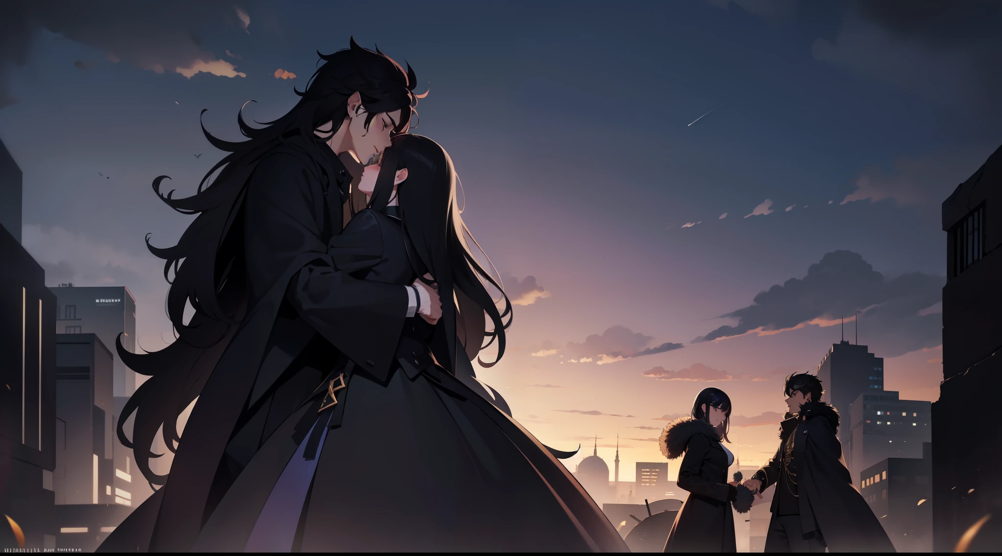 A male and a female in a black long fur coat face away from the picture,Walk through vast ruins,Under the stars,In the dark,black hair, hugging.