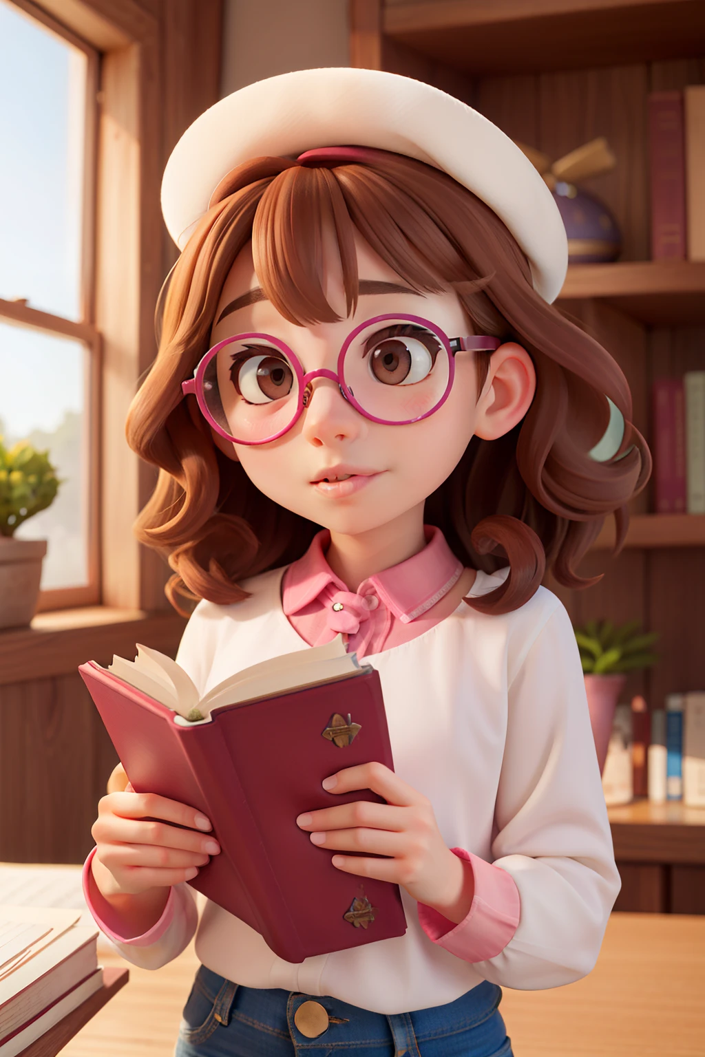 Oval face,round cheeks,pink shirt,big brown eyes,Pink mouth,High nose,Pinkish-white skin,Long brown curly hair,Wear round glasses.,student style,Hold the book.
