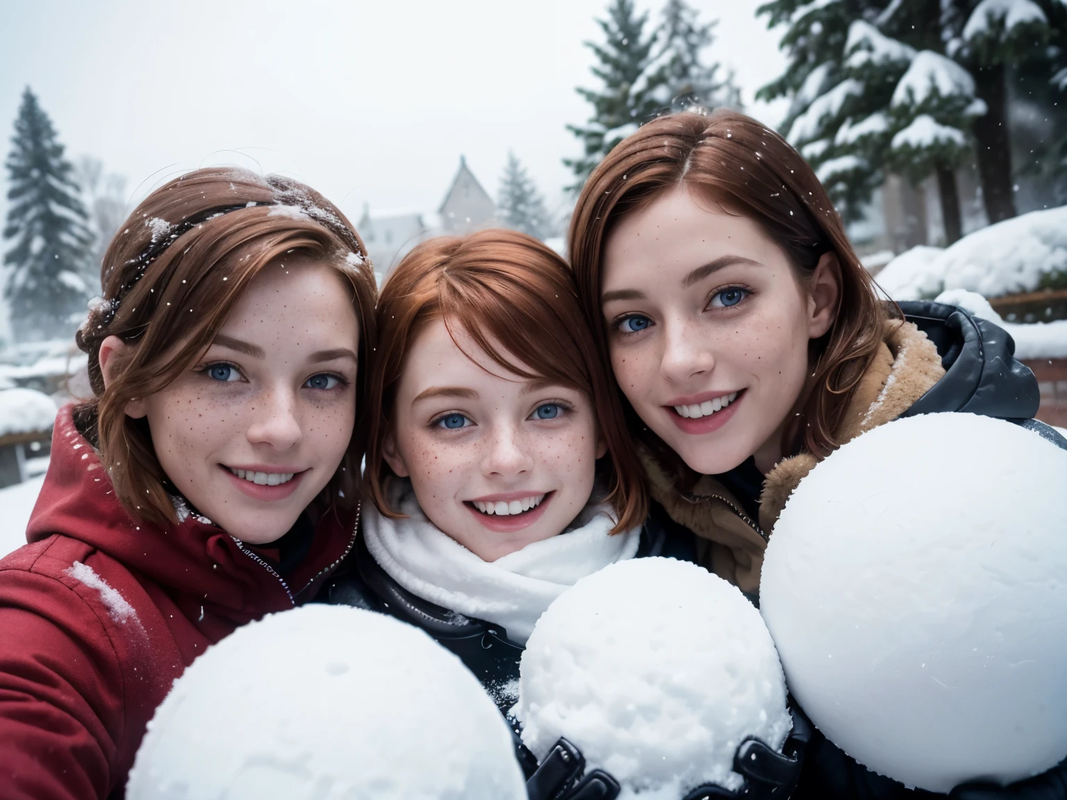 feminine figure, redhead, freckles, best quality, realistic skin texture, photography, detailed facial features, film grain texture and high contrast, extremely high-resolution details, photographic, photorealistic, hyper-realistic, HDR, masterpiece, short hair, blue eyes, highly detailed eyes, eyes aligned, laughing, having fun, in garden, selfie, coat, snowing a lot, fog, snow in hair, a stack of snowballs in background, kids playing