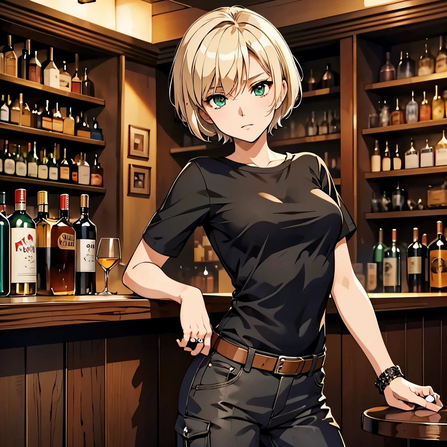 German ,upper class cute type beautiful woman who has lost him spouse by death and has not remarried. tinged with sadness,36 years old, Blonde,wolf cut,short hair,green eyes, anime style,a face with darkness in its heart, ring on left hand ring finger,1960,widow,she own a bar as a hobby,T-shirt and cargo pants, The background is the bar's liquor cabinet,Smokeing a cigar