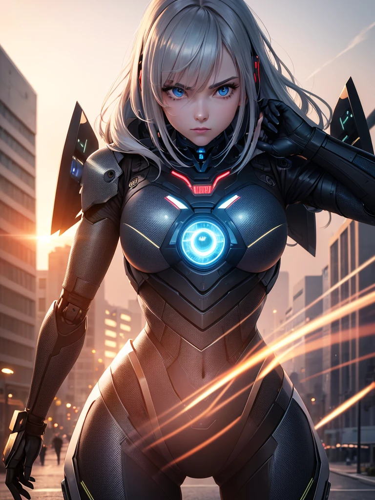 (an army,female robots:1.1,advanced robotic technology),(best quality,4k,8k,highres,masterpiece:1.2),ultra-detailed,realistic:1.37,portraits,concept artists,metallic textures,glowing eyes,sharp focus,professional,vivid colors,sleek design,cold blue color scheme,dystopian atmosphere,long silver hair,futuristic weapons,dominance,powerfulposes,urban landscape,sunset lighting