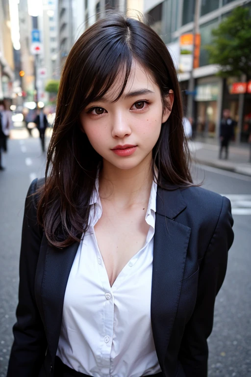 Hires, sunlight, backlight, ((Cinematic Light, Ray tracing)), (masterpiece),((ultra-detailed)), (highly detailed CG illustration), (best quality:1.2),(1girl:1.2),High quality texture, intricate details, detailed texture, High quality shadow, a realistic representation of the face, Detailed beautiful delicate face, Detailed beautiful delicate eyes, brown eye pupil, a face of perfect proportion, Depth of field, perspective,20s, glossy lips, perfect body, medium breast, distinct_image, solo focus, (brown hair), (((perma straight hair style))), (finely detailed beautiful eyes and detailed face), light source contrast, ((medium hair)), 21 years old, Tokyo street background, suit style, tailored suits, dress shirts, ties, pocket squares, dress shoes, cufflinks, formal attire, medium breasts,