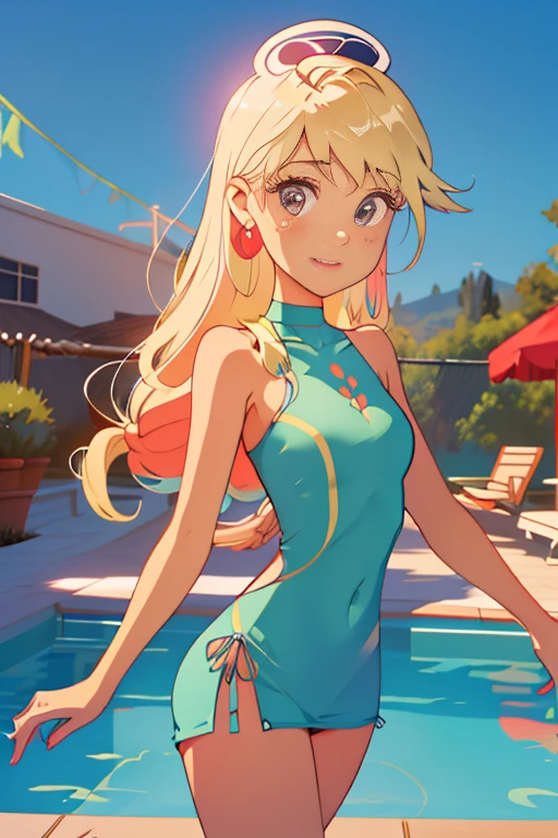 Fondo de pantalla 8K extremadamente detallado), Tapa corta:1.2, sala de casa ,usando vestido color turqueza , small turquoise dress, gafas de sol como diadema , sandalias blancas con arco verde , aretes de aro color rojo, Altamente detallado , cinematic lighting, Escena brillante, Cameltoe:1.2, Brecha entre el muslo, Luces suaves, senos grandes , Chica en forma,ojos azules, modelo adolesente , Chica delgada , beautiful teenage girl 17 years old , posando y saludado para la camara , linda sonrisa ,cuerpo completo