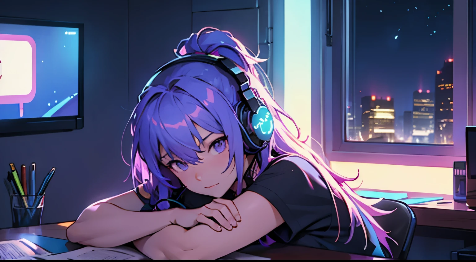 At night, the neon lights on the windowsills shine.、Woman living alone is studying at desk on left side wearing headphones。in the corner of the room, A view enveloped in late night silence.、The beauty of the universe spreads out before your eyes beyond the window glass..。There was no one but her、Neon lights illuminate the room in a fantastical way。The color is purple