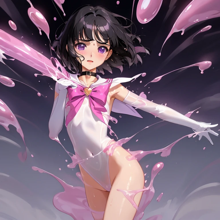 {{{{sailor saturn}}}}, {sailor senshi uniform}, {{{{amazing quality, great quality, high quality, very aesthetic, aesthetic, best quality}}}},
realistic, photo, shadow, Three-dimensional, absurdres, Digital art,
black hair, short hair, trimmed hair, shiny hair, blunt bangs, short sideburns,
{{flat chest}}, {{small breasts}}, {{detailed body}}, slim thighs, thin thighs, ,
purple eyes, big eyes, round eyes, tareme, both shoulders expose, covered navel,
white leotard, purple sailor collar, purple skirt, white elbow gloves, white gloves, purple boots,
purple choker, jewelry, heart brooch, red bow tie, red butt ribbon,
beautiful girl, one girl, cute, pretty, lovely, charming, teenage, ka, younger sister,
dynamic composition, distress, resistance, defeat, inferiority, absurdres, aroused, sexual pleasure, troubled face, shy, orgasm, sensitive body, trembling, torn clothes, wet clothes, melted clothes, transparent clothes, A girl is immersed up to her waist in cloudy liquid, A girl is covered in cloudy liquid, girl gets wet, girl takes a bath, wet hair, half-naked, Completely nude, Multiple transparent pink slimes attack the girl, Multiple transparent pink slimes clings to the girl's body, Multiple transparent pink slimes clings to the girl's chest, Multiple transparent pink slimes caresses a girl's breasts, Multiple transparent pink slimes clings to the girl's crotch, Multiple transparent pink slimes caresses the girl's crotch, Transparent pink slimes covers the girl's breasts, Transparent pink slimes covers the girl's crotch, slime bath,