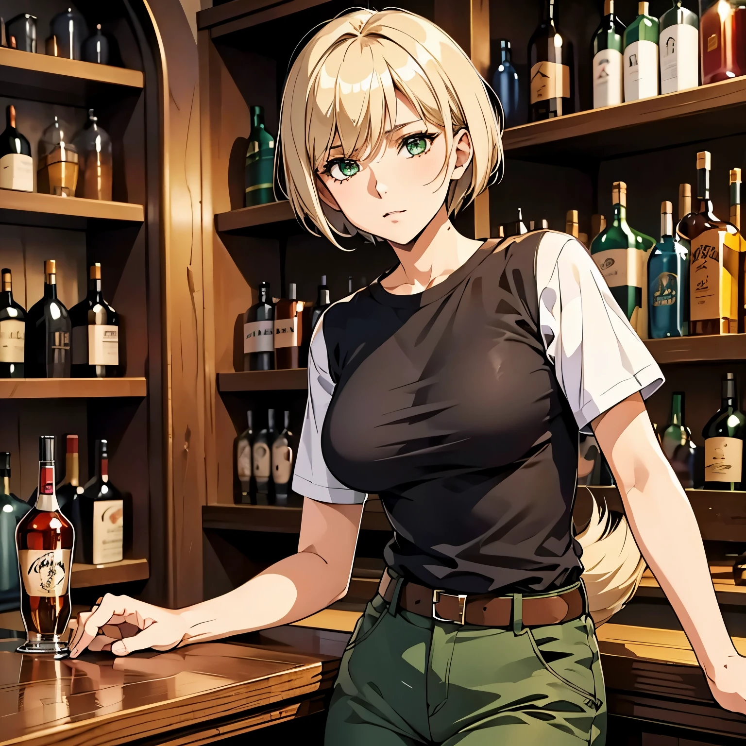 German ,upper class cute type beautiful woman who has lost him spouse by death and has not remarried. tinged with sadness,36 years old, Blonde,wolf cut,short hair,green eyes, anime style,a face with darkness in its heart, ring on left hand ring finger,1960,widow,she own a bar as a hobby,T-shirt and cargo pants, The background is the bar's liquor cabinet,Smokeing a cigar