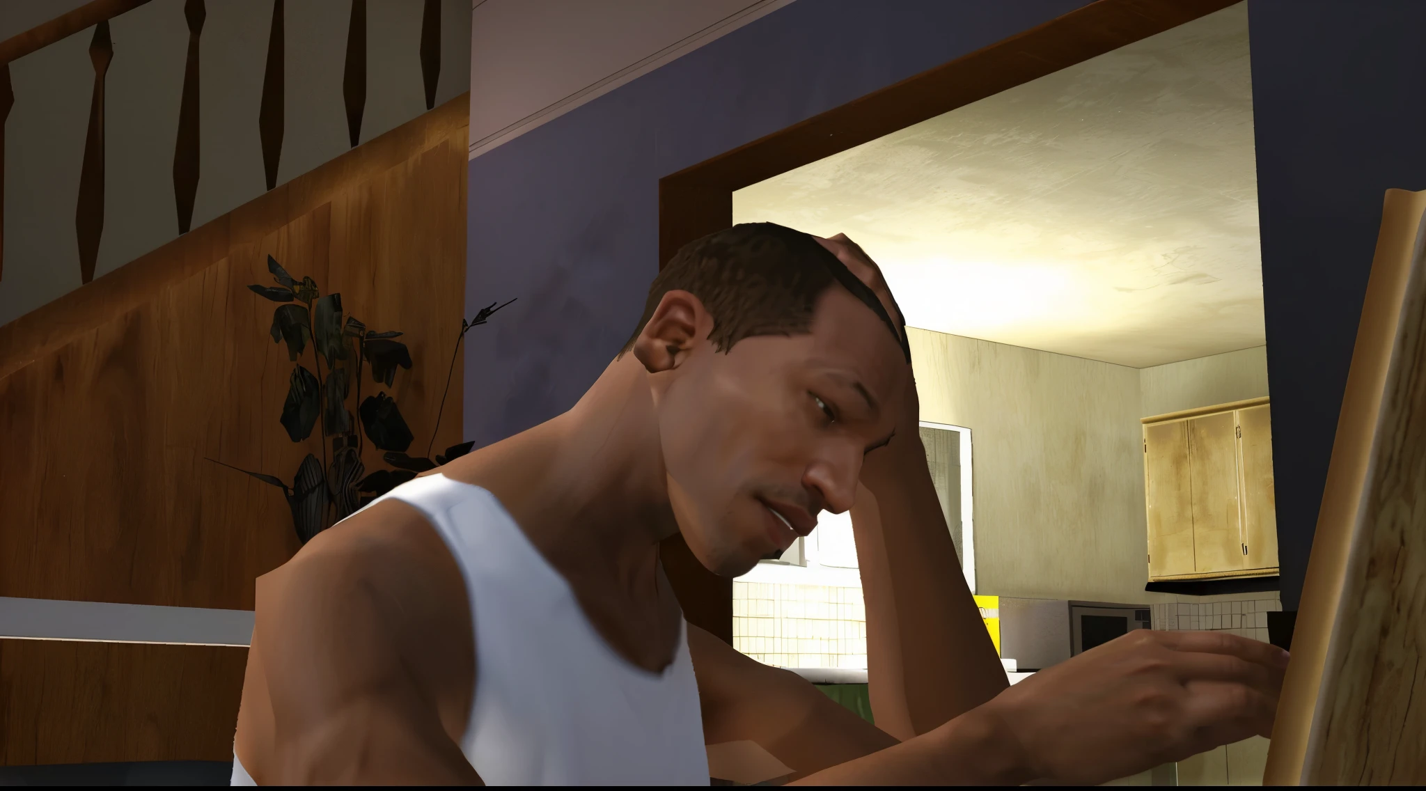 there is a man that is sitting at a table with a laptop, in gta san andreas, gta san andreas, Carl Johnson wear a white shirt, realistic, HD Resolution