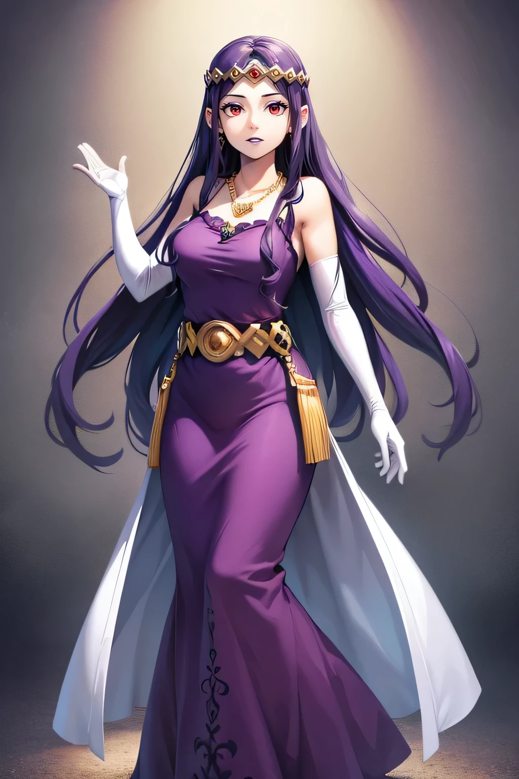 hilda ,purple hair ,purple lips, tiara, red eyes, pruple dress, jewellery, necklace, long white elbow gloves, full body