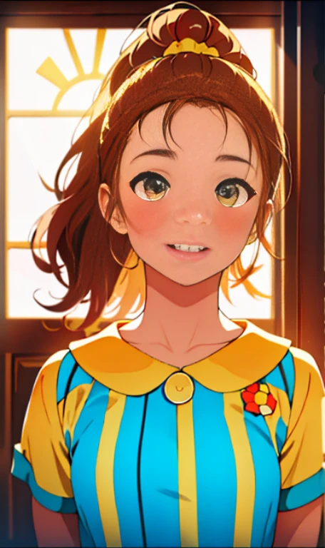 Photo of a -old amean girl, .RAW, hermosa chica adolesente, (Long brown hair with ponytail), light brown hair ponytail hairstyle((retrato)), ((Cara detallada:1.2)), ((Detailed facial features)), (Piel finamente detallada) , (Masutepiece) (proporciones perfectas)(fotos realistas)(La mejor calidad) (Detallado) fotografiado con una EOS R5 de Canon, Lente de 50 mm, f/2.8, NffSW, (8k) (papel tapiz) (cinematic lighting) (Dramatic lighting) (sharp focus) (Enrevesado) senos medianos , pechos medianos , pecas en mejillas , cuerpo completo , hermoso cuerpo de mujer , lindo maquillaje , gran sonrisa , mujer delgada escultural , vestido de gala amarillo , vestido elegante escotado , dentro de casa , sala , posando en ventana