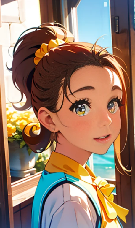 Photo of a -old amean girl, .RAW, hermosa chica adolesente, (Long brown hair with ponytail), light brown hair ponytail hairstyle((retrato)), ((Cara detallada:1.2)), ((Detailed facial features)), (Piel finamente detallada) , (Masutepiece) (proporciones perfectas)(fotos realistas)(La mejor calidad) (Detallado) fotografiado con una EOS R5 de Canon, Lente de 50 mm, f/2.8, NffSW, (8k) (papel tapiz) (cinematic lighting) (Dramatic lighting) (sharp focus) (Enrevesado) senos medianos , pechos medianos , pecas en mejillas , cuerpo completo , hermoso cuerpo de mujer , lindo maquillaje , gran sonrisa , mujer delgada escultural , vestido de gala amarillo , vestido elegante escotado , dentro de casa , sala , posando en ventana