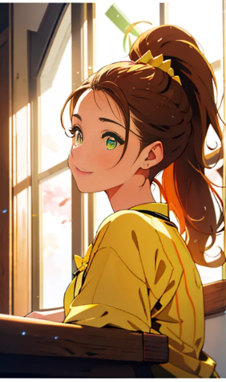 Photo of a 14 year-old american girl, .RAW, hermosa chica adolesente, (Long brown hair with ponytail), light brown hair ponytail hairstyle((retrato)), ((Cara detallada:1.2)), ((Detailed facial features)), (Piel finamente detallada) , (Masutepiece) (proporciones perfectas)(fotos realistas)(La mejor calidad) (Detallado) fotografiado con una EOS R5 de Canon, Lente de 50 mm, f/2.8, NffSW, (8k) (papel tapiz) (cinematic lighting) (Dramatic lighting) (sharp focus) (Enrevesado) senos medianos , pechos medianos , pecas en mejillas , cuerpo completo , hermoso cuerpo de mujer , lindo maquillaje , gran sonrisa , mujer delgada escultural , vestido de gala amarillo , vestido elegante escotado , dentro de casa , sala , posando en ventana