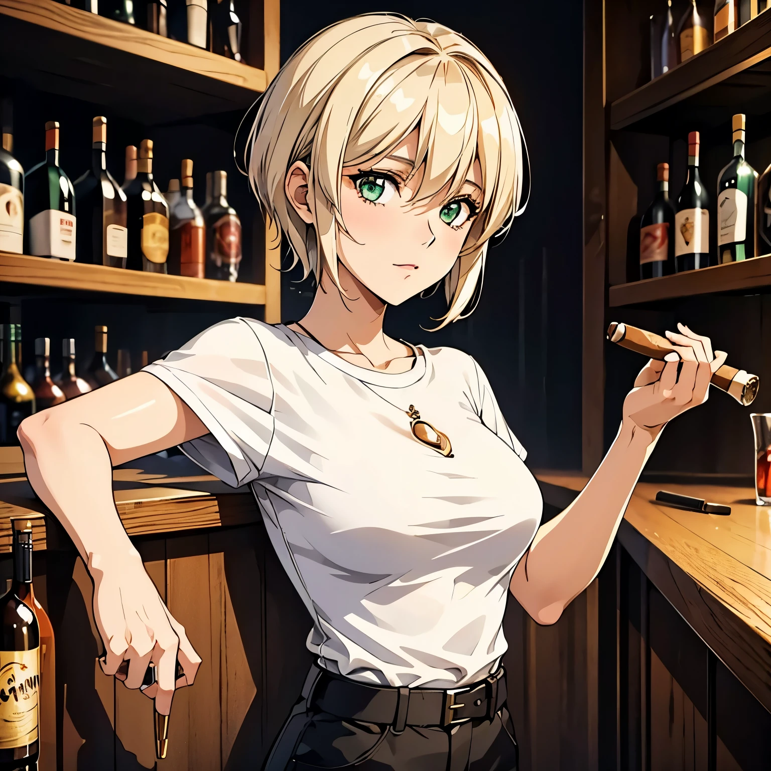 German ,upper class cute type beautiful woman who has lost him spouse by death and has not remarried. tinged with sadness,36 years old, Blonde,wolf cut,short hair,green eyes, anime style,a face with darkness in its heart, ring on left hand ring finger,1960,widow,she own a bar as a hobby,T-shirt and cargo pants, The background is the bar's liquor cabinet,Smokeing a cigar