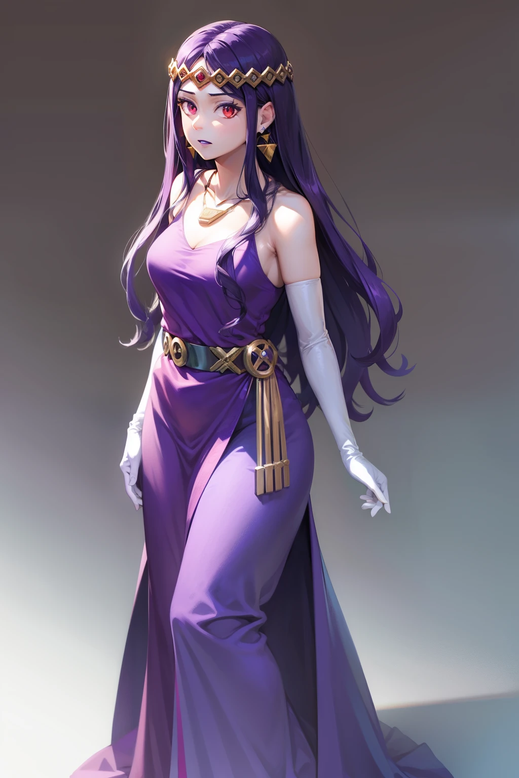 hilda ,purple hair ,purple lips, tiara, red eyes, pruple dress, jewellery, necklace, long white elbow gloves, full body