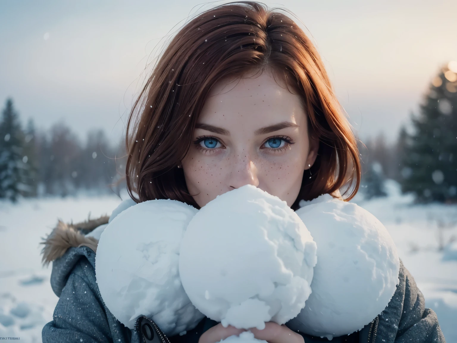 feminine figure, redhead, freckles, best quality, realistic skin texture, photography, detailed facial features, film grain texture and high contrast, extremely high-resolution details, photographic, photorealistic, hyper-realistic, HDR, masterpiece, short hair, blue eyes, highly detailed eyes, eyes aligned, laughing, having fun, in garden, selfie, coat, snowing a lot, fog, snow in hair, a stack of snowballs in background, kids playing