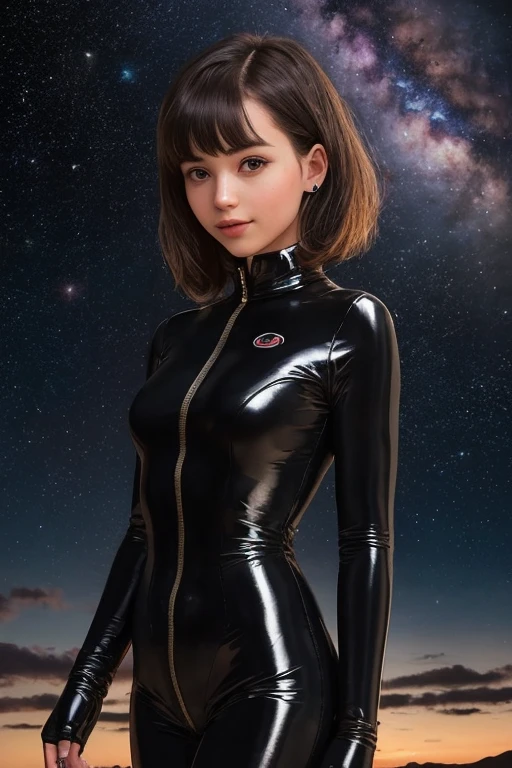 A real photo of a 25 year old girl with a "bangs hairstyle", wearing a satin catsuit looking very. in the sky we see the galaxy