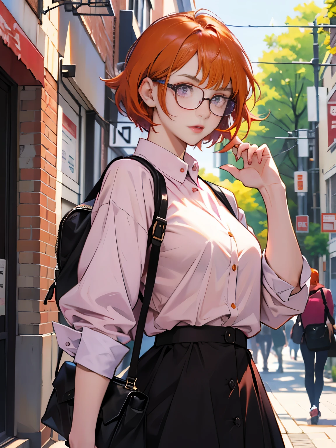 girl, ((Reddish-purple eyes))、 short hairstyle、Straight short、orange hair、cute girl、wearing glasses、daytime: 1.2, on campus: 1.2,