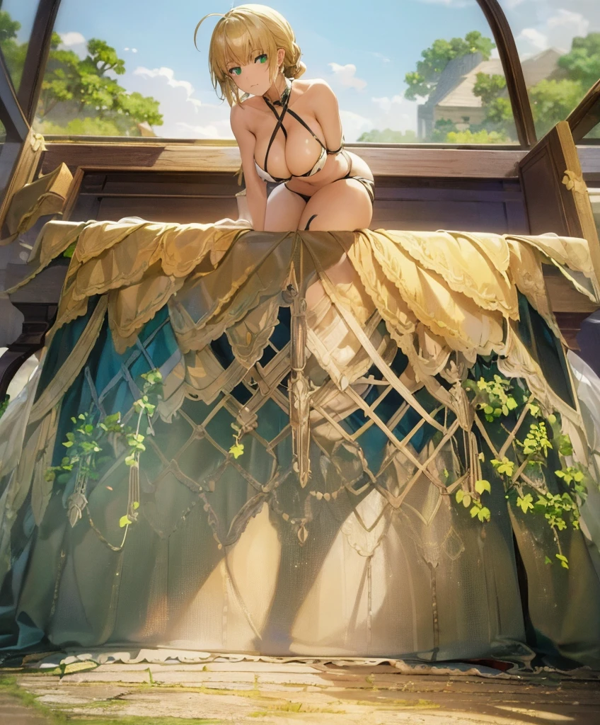 1girl,masterpiece, best quality, high resolution, green eyes, blue criss-cross halter, criss-cross halter, big breasts, nice breasts, pretty, blonde hair, blonde, ahoge bedroom, room, on all fours