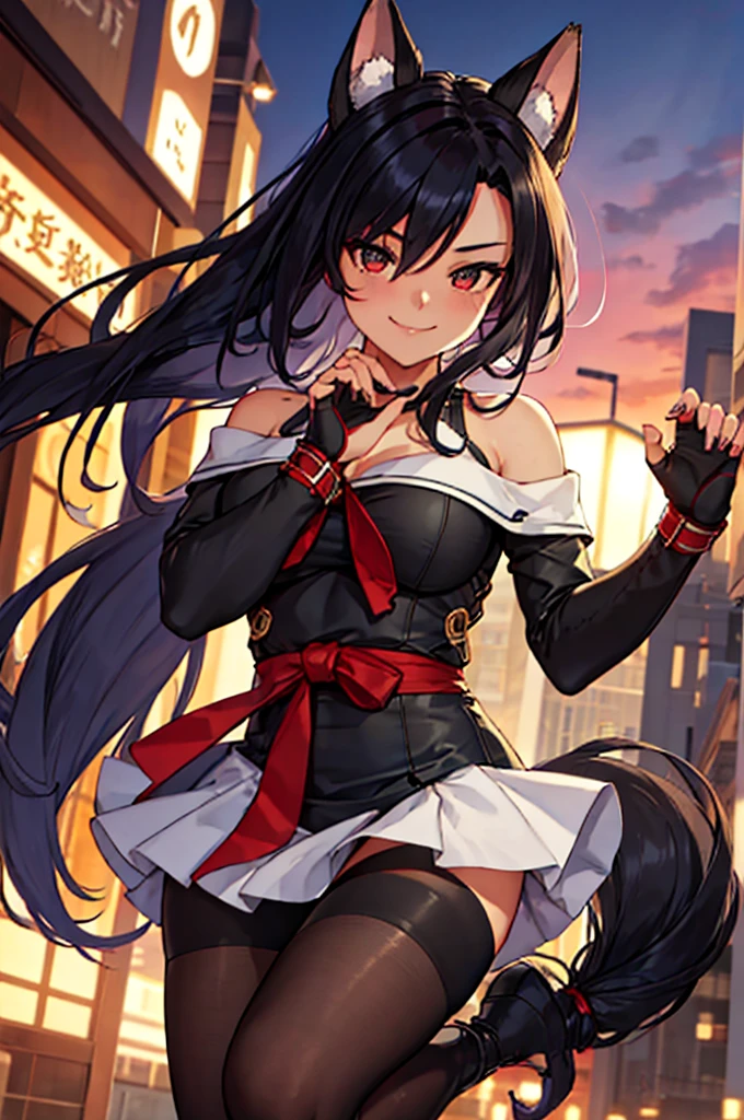 Shigure, 1girl, solo, long hair, looking at viewer, fake animal ears, smile, breasts, city background, bare shoulders, closed mouth, portrait, skin tight outfit, casual, short skirt, leggings seductive, realistic, (best quality), (masterpiece), ultra detail, (ultra high res), extreme detail, 8k, uhd, detailed