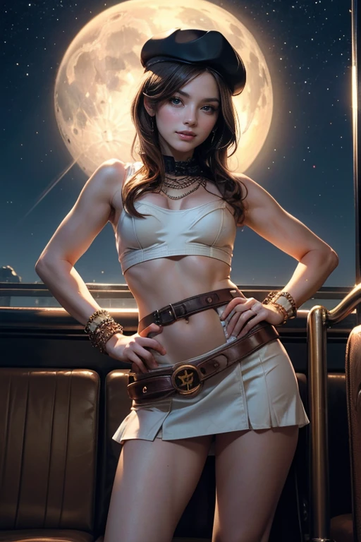 (masterpiece,stunning girlfriend, (standing:1.1), dynamic pose, heart shaped face, elegant face, beautiful face, highly detailed face, highly detailed skin, skin pores, subsurface scattering, realistic pupils, loving smile, looking at viewer, full face blush, full lips, detailed background, depth of field, atmospheric perspective, volumetric lighting, sharp focus, absurdres, realistic proportions, good anatomy, (realistic, hyperrealistic:1.4), 16k hdr, (masterpiece, best quality:1.2), cowboy shot, solo, 1girl, coco adel, grin, looking at viewer, hand on hip, beret, white mini dress, jewelry, belt, bandolier, night, moon, standing on train ((sfw))