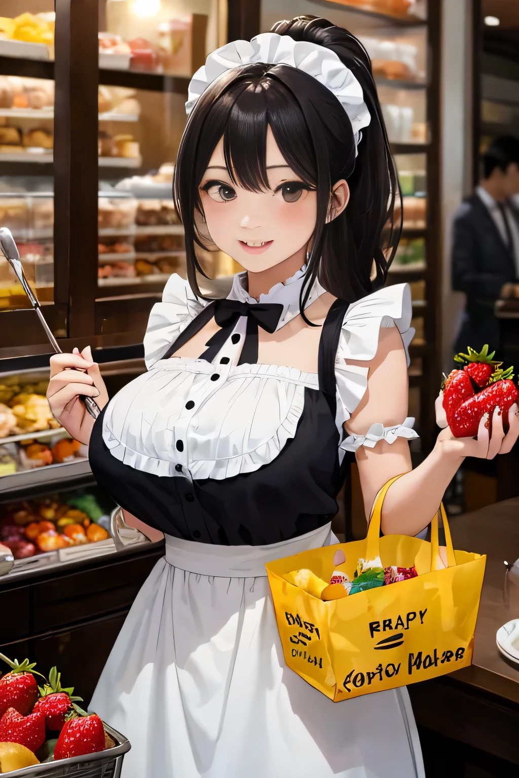 (8K、RAW photo、highest quality、masterpiece:1.2)、detailed background、beautiful and detailed face、beautiful and smooth skin、skin texture、professional lighting、Beautiful age girl、sexual expression、(big breasts:1.3)、Cute Ponytail、Look at me happily、
Maid clothes、Features frills and apron、can bring out your cuteness。
fruit and candy costume、Gives a colorful and cute impression。for example、Strawberries or bananas、We also have costumes such as donuts.。