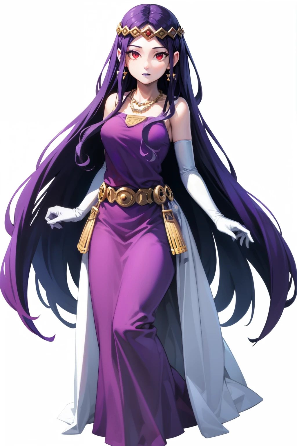 hilda ,purple hair ,purple lips, tiara, red eyes, pruple dress, jewellery, necklace, long white elbow gloves, full body
