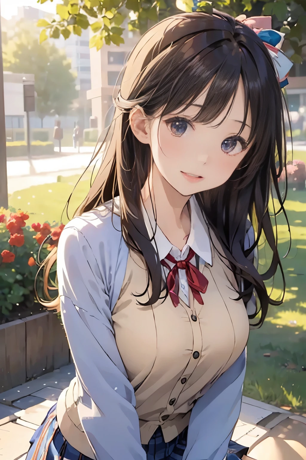 (((masterpiece)))，full body photo，(one beautiful japanese girl, innocence，cute，posterior view，look back) ，ultra high resolution, realistic, Super detailed, 8K,highest quality, very detailed, blurred background,slender body shape，small breasts，(detailed face:1.3), (Beautiful long hair fluttering in the strong wind), (baby face，cute系,Full of energy女の子), (perfect body:1.1),  ((Pink Blazer，white shirt，Red Neck Ribbon，Gray pleated kirt fluttering in the wind))，Full of energy，best smile，Pose with movement，rosy cheeks，超detailed face、detailed lips、small gravure idol，Japanese high school uniform with school emblem on the chest，transparent skin、lolita，realistic:1.37，no makeup，happy atmosphere，pastel color palette，in a sunny day，large park，happy holidays，date，happy，I feel excited