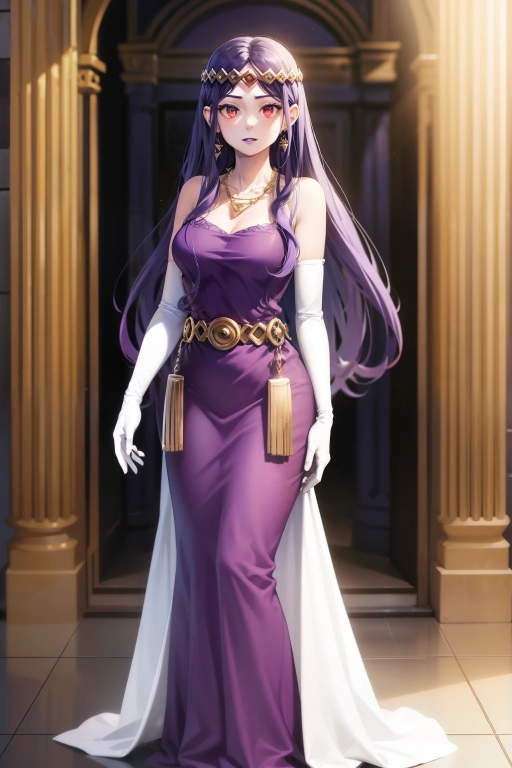 (ultra-detailed, photorealistic, best quality, 4k, 8k, highres, masterpiece:1.3), Empress Xifeng, also known as The Eternal Flame, , She is depicted as an ethereal beauty, flawless porcelain skin, long flowin black hair, eyes are a mesmerizing shade of amethyst, reflecting both wisdom and mystery, wearing a Top: An exquisite gown made from the finest silks, adorned with intricate embroidery and precious jewels in shades of gold, red, and purple, Accessories: An elaborate headdress featuring phoenix motifs and precious stones, Background: Elements of the imperial palace with grand pillars, opulent tapestries, and a majestic throne, The atmosphere is serene and majestic, emphasizing her divine beauty and wisdom, (((intricate detail, super finely detailed hands, ultra finely detailed fingers, ten fingers, standing regally, full body showcase, show full body))).
