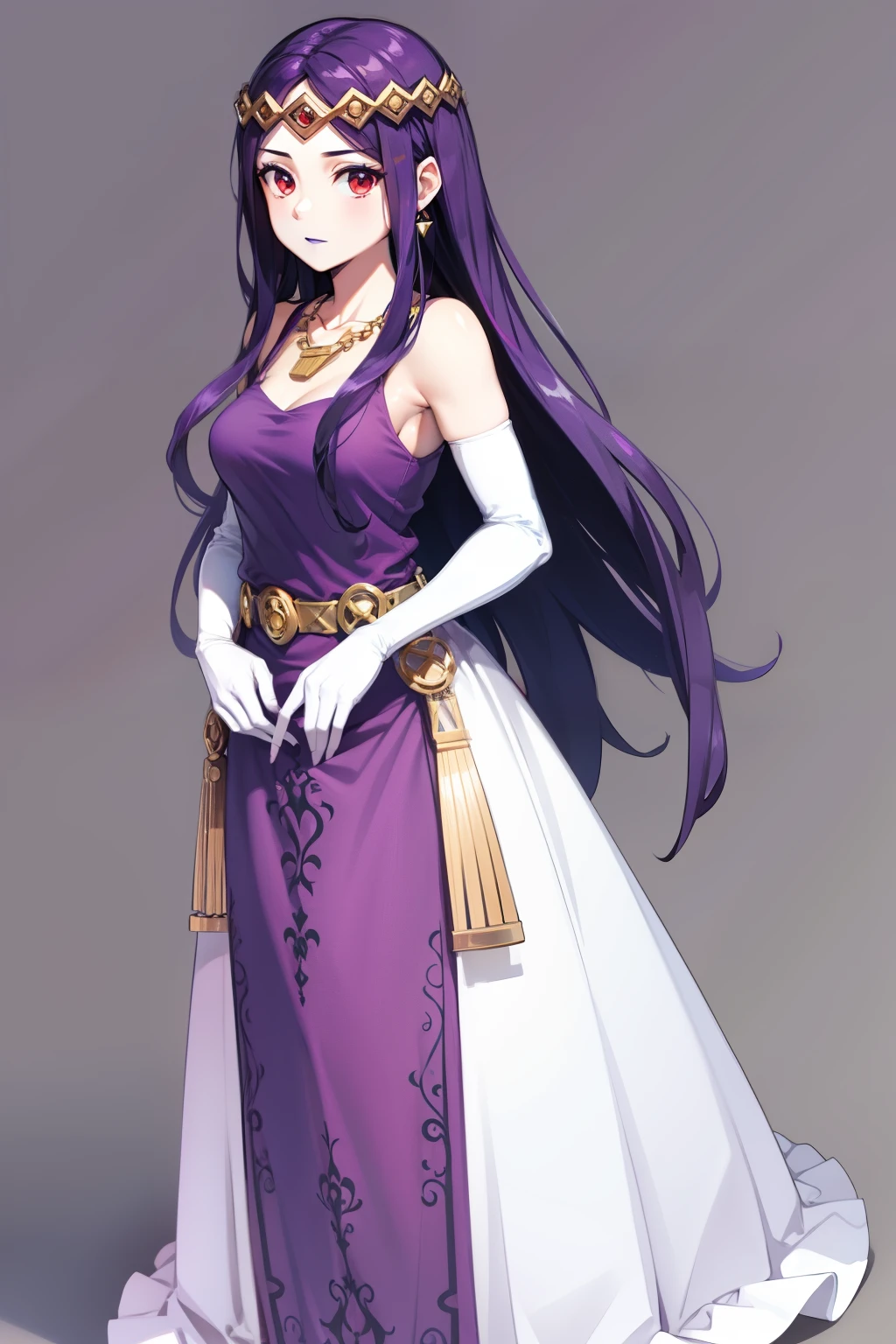 hilda ,purple hair ,purple lips, tiara, red eyes, pruple dress, jewellery, necklace, long white elbow gloves, full body