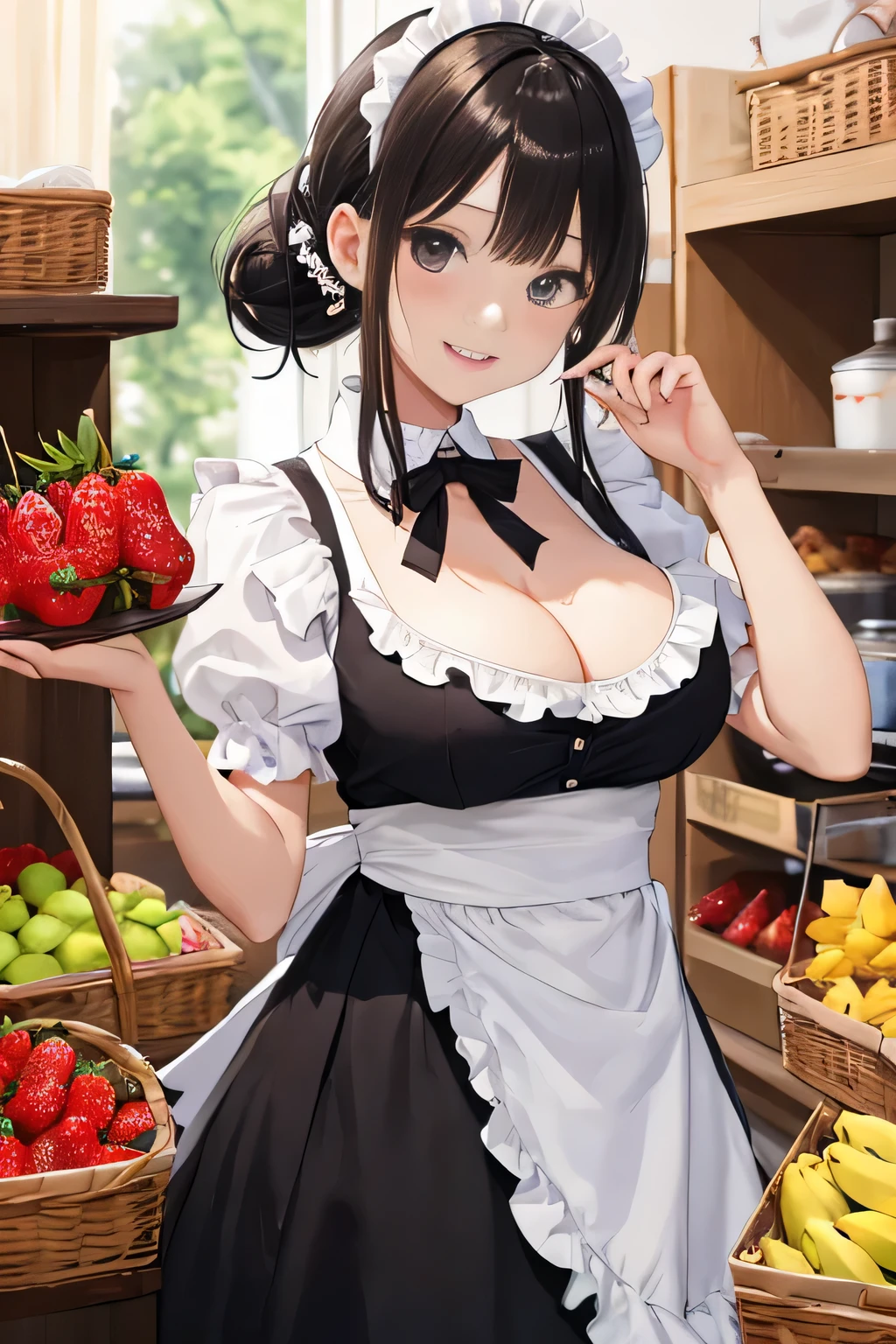 (8K、RAW photo、highest quality、masterpiece:1.2)、detailed background、beautiful and detailed face、beautiful and smooth skin、skin texture、professional lighting、Beautiful age girl、sexual expression、(big breasts:1.3)、Cute Ponytail、Look at me happily、
Maid clothes、Features frills and apron、can bring out your cuteness。
fruit and candy costume、Gives a colorful and cute impression。for example、Strawberries or bananas、We also have costumes such as donuts.。
