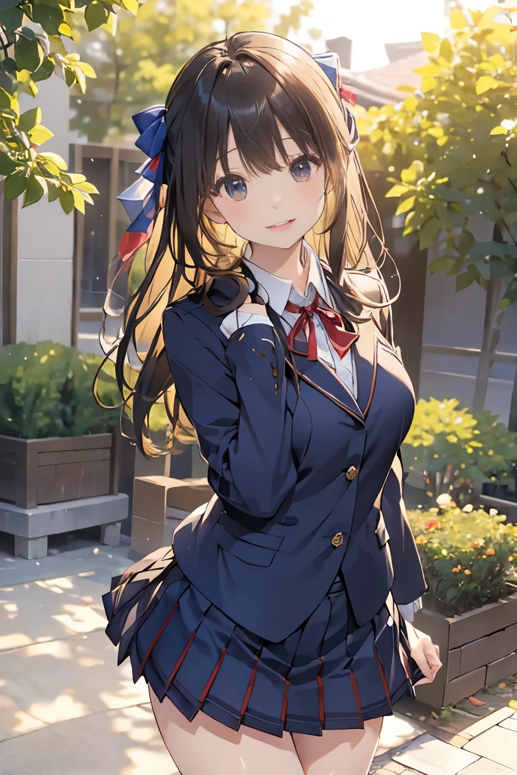 (((masterpiece)))，full body photo，(one beautiful japanese girl, innocence，cute，posterior view，look back) ，ultra high resolution, realistic, Super detailed, 8K,highest quality, very detailed, blurred background,slender body shape，small breasts，(detailed face:1.3), (Beautiful long hair fluttering in the strong wind), (baby face，cute系,Full of energy女の子), (perfect body:1.1),  ((Pink Blazer，white shirt，Red Neck Ribbon，Gray pleated kirt fluttering in the wind))，Full of energy，best smile，Pose with movement，rosy cheeks，超detailed face、detailed lips、small gravure idol，Japanese high school uniform with school emblem on the chest，transparent skin、lolita，realistic:1.37，no makeup，happy atmosphere，pastel color palette，in a sunny day，large park，happy holidays，date，happy，I feel excited