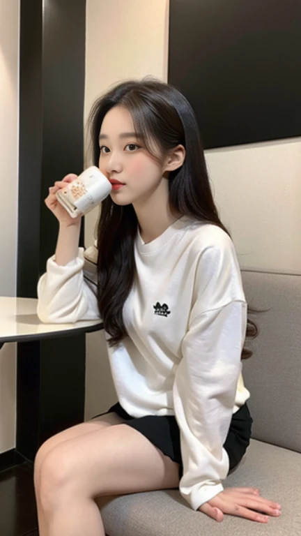 A beautiful korean girl sitting drinking pearl milk tea aged 20 years old two-dimensional image 16k resolution aperture framed original lens f1.4 C4D HDR uhd full body