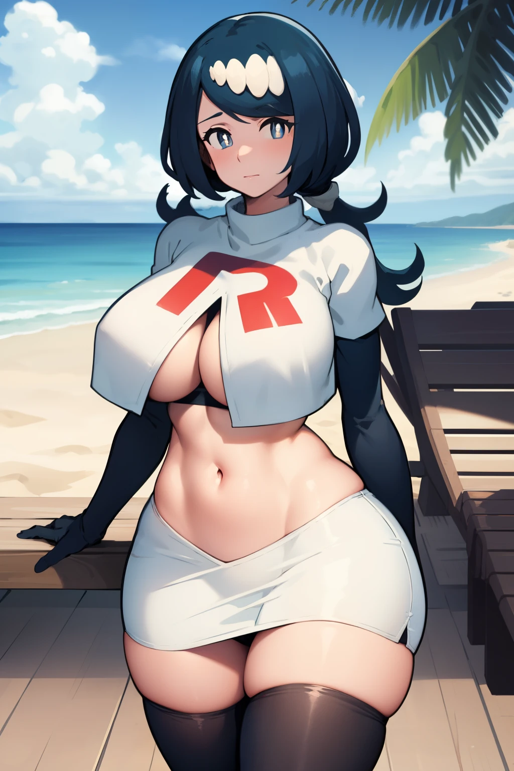 masterpiece, best quality, lanamother, white pupils, long hair, hair ornament, team rocket,team rocket uniform, red letter R, white skirt,white crop top,black thigh-highs,black elbow gloves, large breasts, mature female, wide hips,  looking at viewer, beach, palm trees, boardwalk,