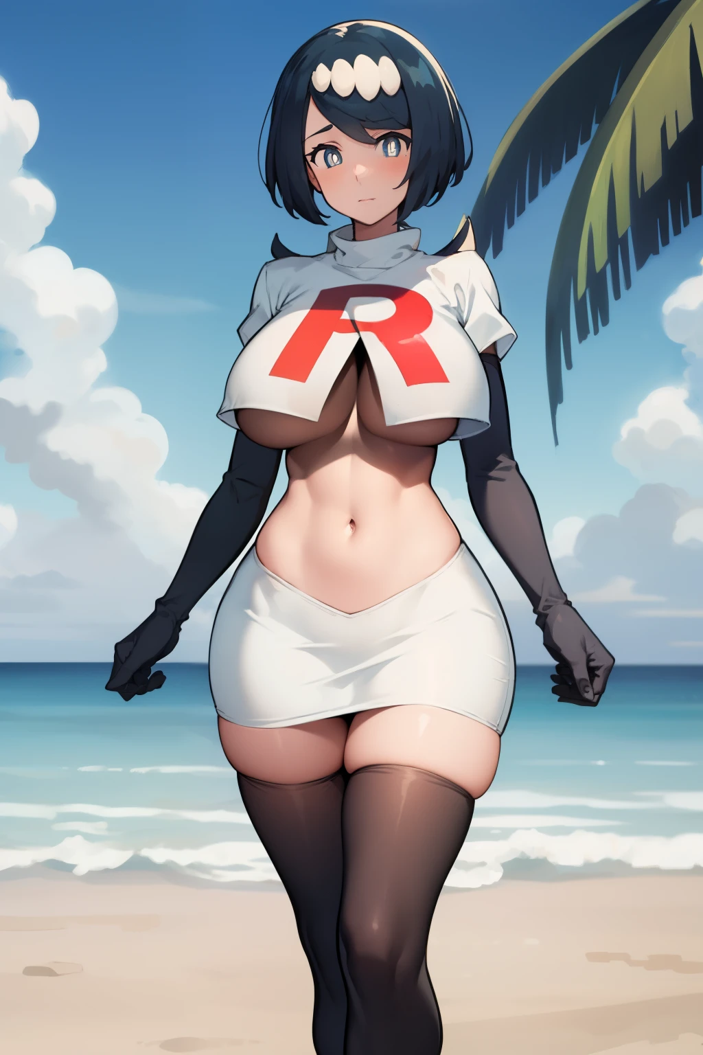 masterpiece, best quality, lanamother, white pupils, long hair, hair ornament, team rocket,team rocket uniform, red letter R, white skirt,white crop top,black thigh-highs,black elbow gloves, large breasts, mature female, wide hips, looking at viewer, beach, palm trees, boardwalk,