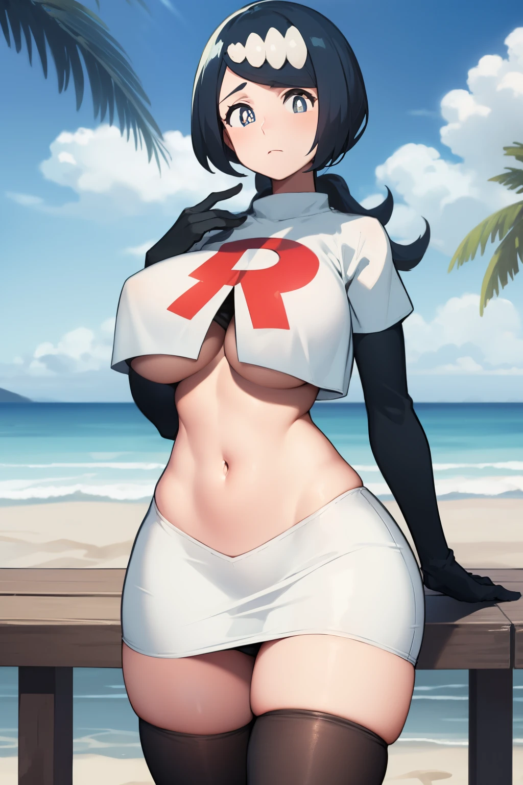 masterpiece, best quality, lanamother, white pupils, long hair, hair ornament, team rocket,team rocket uniform, red letter R, white skirt,white crop top,black thigh-highs,black elbow gloves, large breasts, mature female, wide hips,  looking at viewer, beach, palm trees, boardwalk,