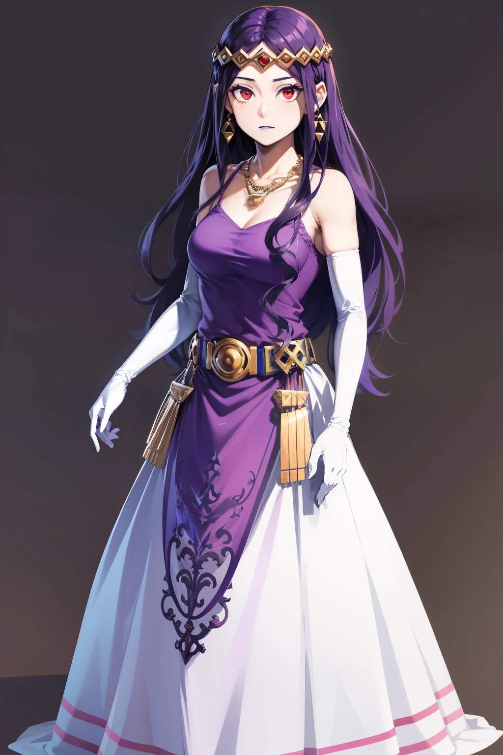 hilda ,purple hair ,purple lips, tiara, red eyes, pruple dress, jewellery, necklace, long white elbow gloves, full body